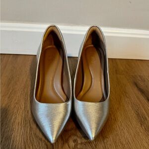 Metallic Silver Pointed-Toe Pumps for Women